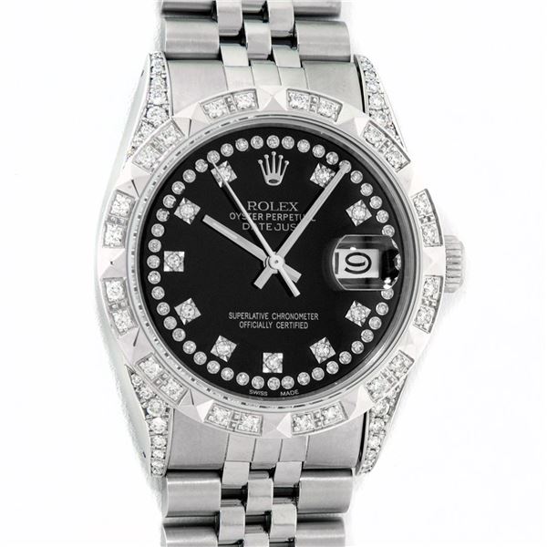 Rolex Mens Stainless Steel Black Diamond Lugs & Pyramid Bezel Datejust Wristwatc