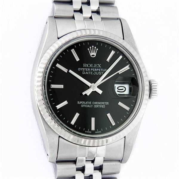 Rolex Mens Stainless Steel Black Index 36mm Oyster Perpetual Datejust Wristwatch