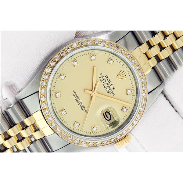 Rolex Mens 2T Champagne Diamond 36MM Quickset Datejust Wristwatch With Box