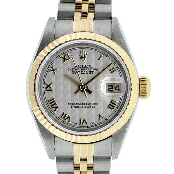 Rolex Ladies Quickset 2 Tone 18K White Pyramid Roman Datejust Wristwatch