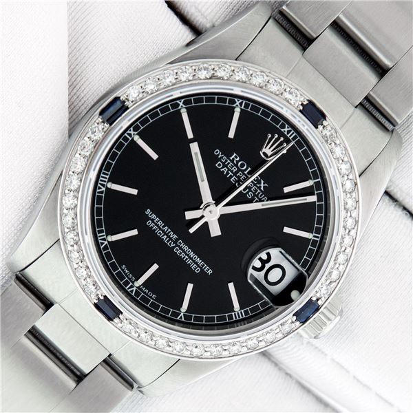 Rolex Womens Midsize 31mm 18K Gold Bezel Black Index Stainless Steel Datejust Wi