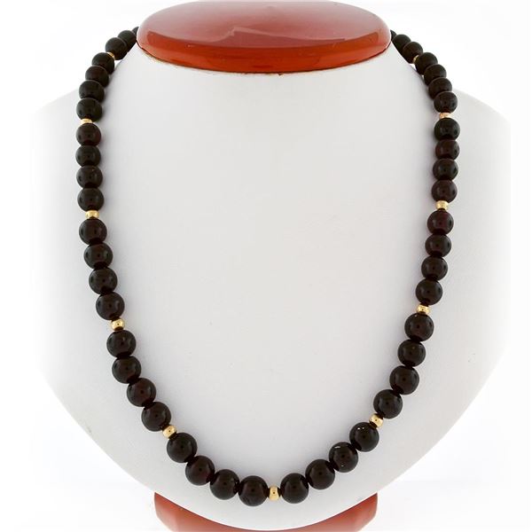 14k Gold Vintage 8.2mm Red Garnet & 3.9mm Gold Bead Strand 19" Necklace