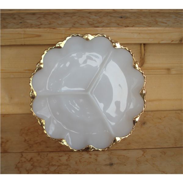 Gold trim divided milk glass serving dish