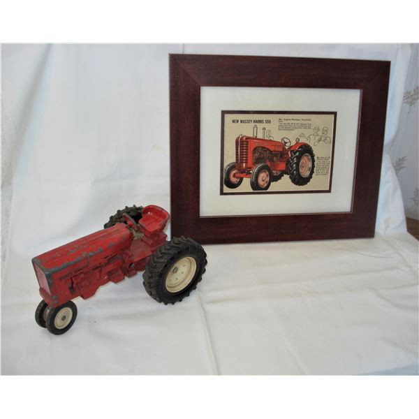 Vintage Metal Tractor and old framed Massey Ad