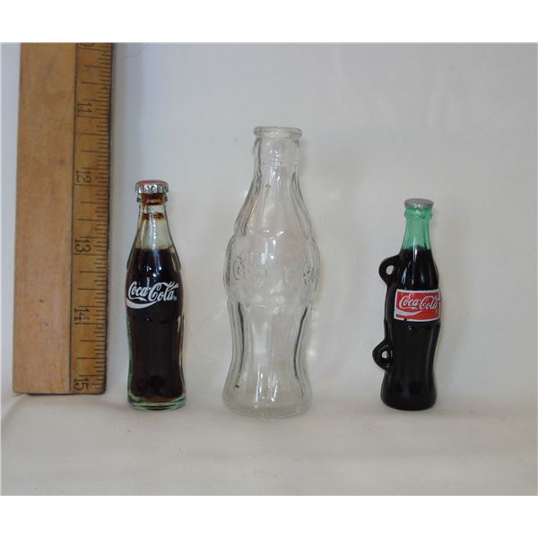 Lot of 3 mini Coke Bottles  2 glass  1 plastic
