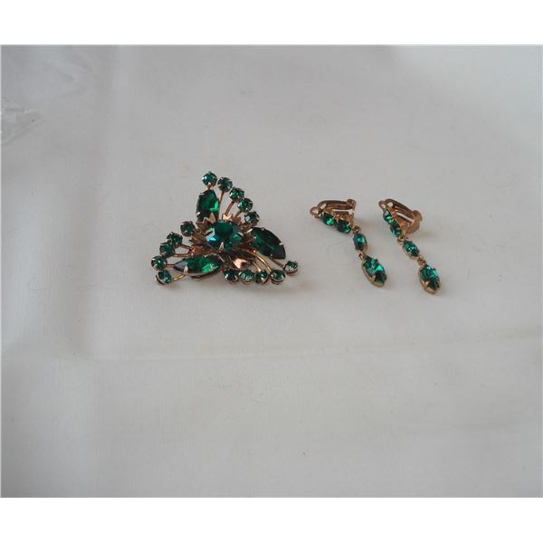 Emerald Green coloured Brooch with Matching Earrings