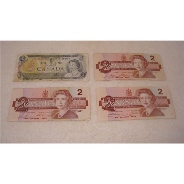 3 - $2.00 bills  1- $1.00 bill