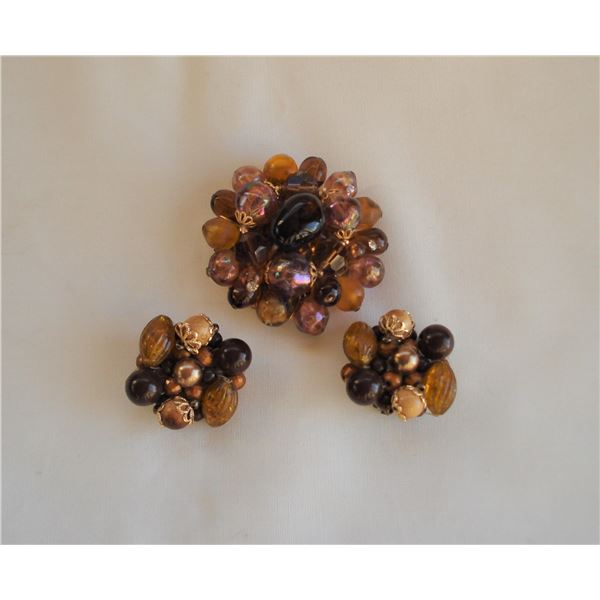 Vintage Bead Brooch and Earring set  Filigree back