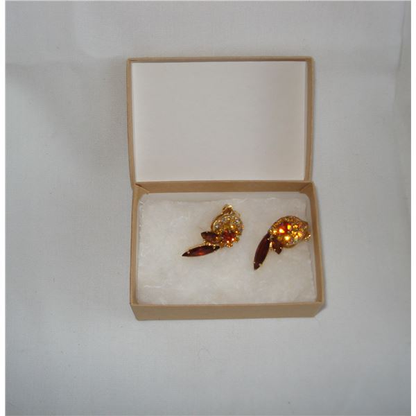 Pair brown crystal clip on Earrings with Aurora Borealis Accent stones