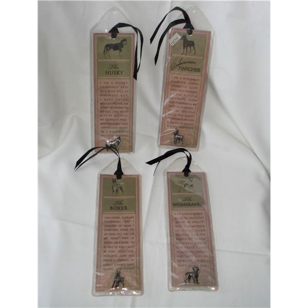 4 unopened dog pins and bookmark packs with breed bio