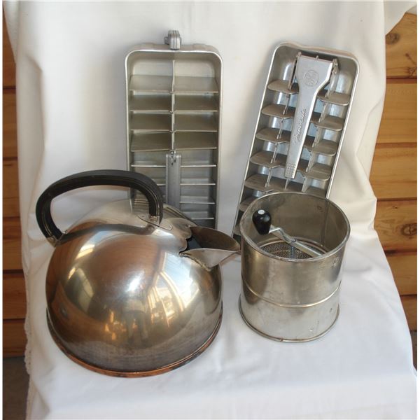 Vintage kitchen items, copper bottom kettle, ice cube makers, sifter