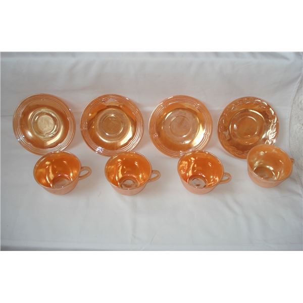 Set of 4 Peach Luster Teacups and Saucers