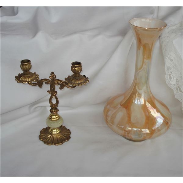 old Candelabra and marbleized iridescent vase