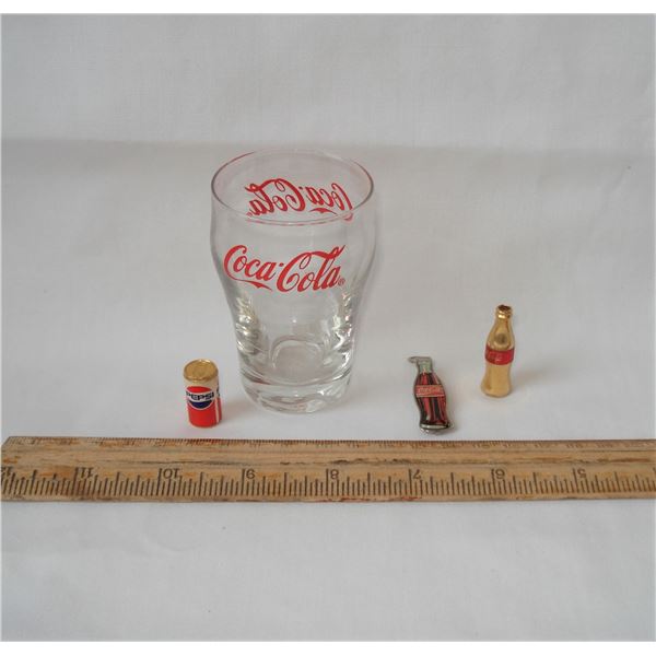Very small Coke glass and Collectibles  Coke bottle 15.3 g/Pepsi can 16.8grams