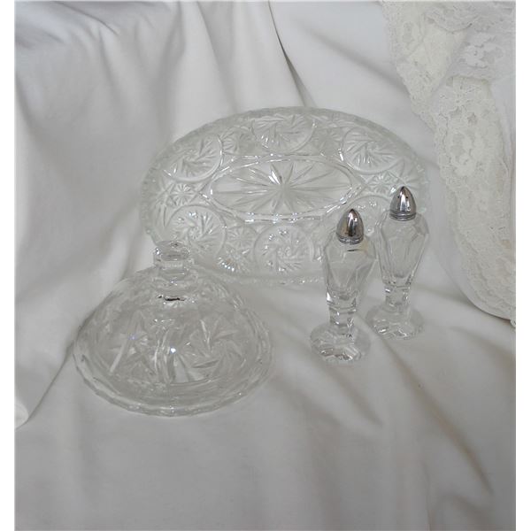 Crystal covered butter dish, serving tray S&P