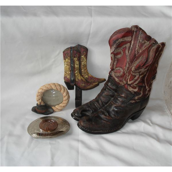 Cowboy boot statue, belt buckle etc.