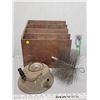 Image 1 : Large wooden desk file organizer, antique kettle and 8 inch furnace/dryer vent brush