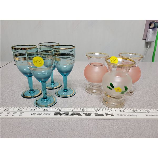 3 glass bud vases and 4 small blue glass goblets