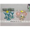 Image 1 : 3 glass bud vases and 4 small blue glass goblets