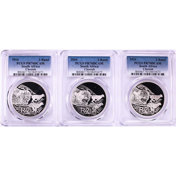 Lot of (3) 2016 Proof South Africa 2 Rand Cheetah Silver Coins PCGS PR70DCAM