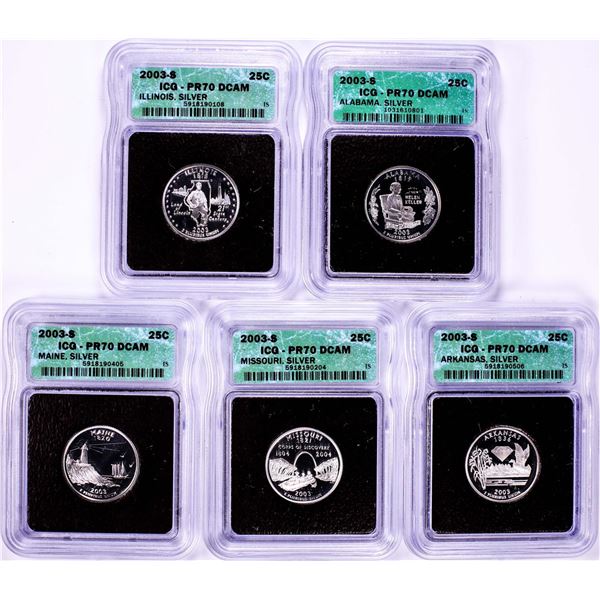 2003-S Silver Proof State Quarter (5) Coin Set ICG PR70DCAM