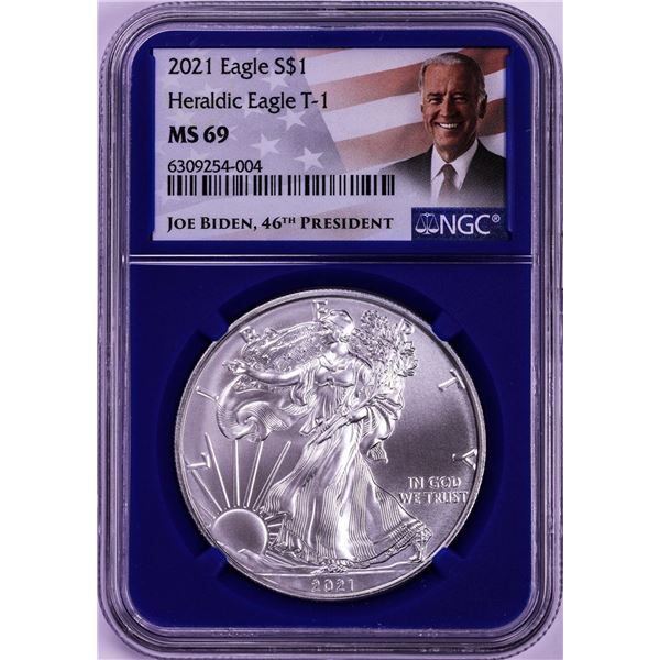 2021 Type 1 $1 American Silver Eagle Coin NGC MS69 Blue Core Biden Label