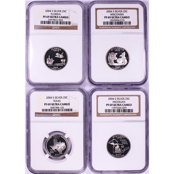 Lot of (4) 2004-S Proof Silver State Quarter Coins NGC PF69 Ultra Cameo