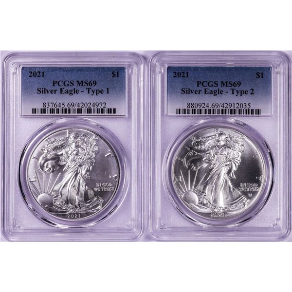 Lot of 2021 Type 1 & 2 $1 American Silver Eagle Coins PCGS MS69