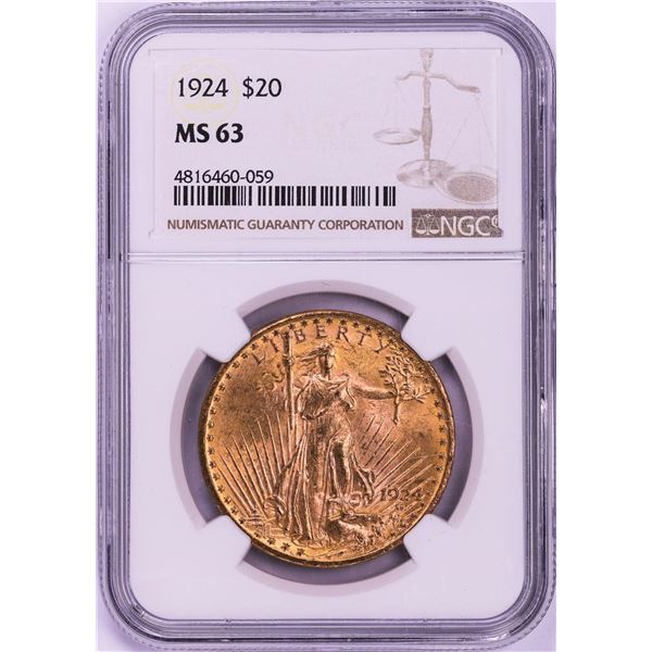 1924 $20 St. Gaudens Double Eagle Gold Coin NGC MS63