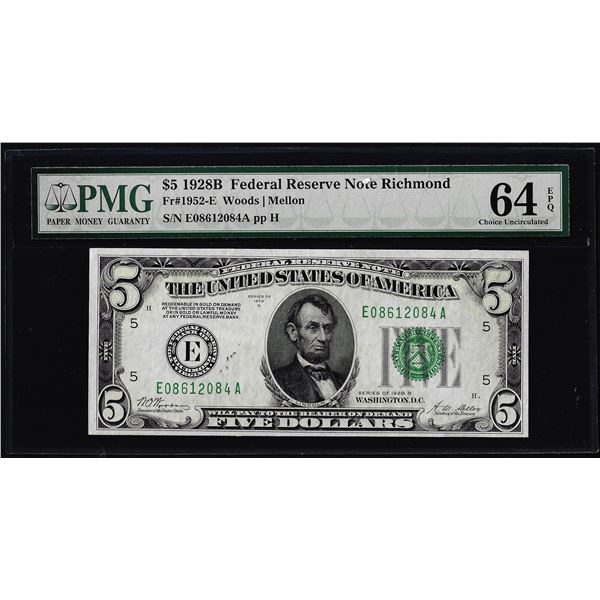 1928B $5 Federal Reserve Note Richmond Fr.1952-E PMG Choice Uncirculated 64EPQ
