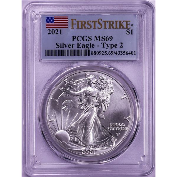 2021 Type 2 $1 American Silver Eagle Coin PCGS MS69 First Strike