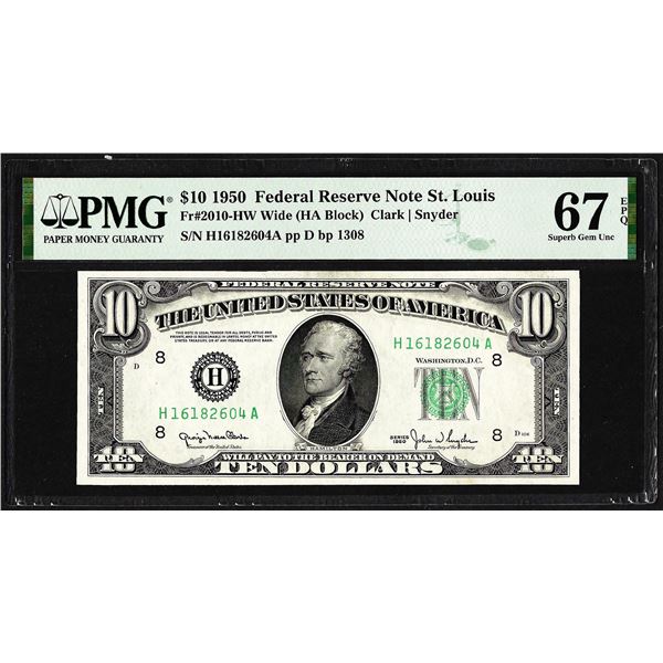 1950 $10 Federal Reserve Note St. Louis Fr.2010-HW PMG Superb Gem Uncirculated 67EPQ