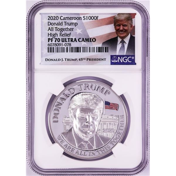 2020 Cameroon 1000 Francs High Relief Donald Trump Silver Coin NGC PF70 Ultra Cameo