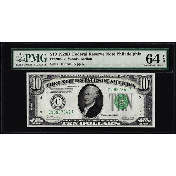 1928B $10 Federal Reserve Note Philadelphia Fr.2002-C PMG Choice Uncirculated 64EPQ