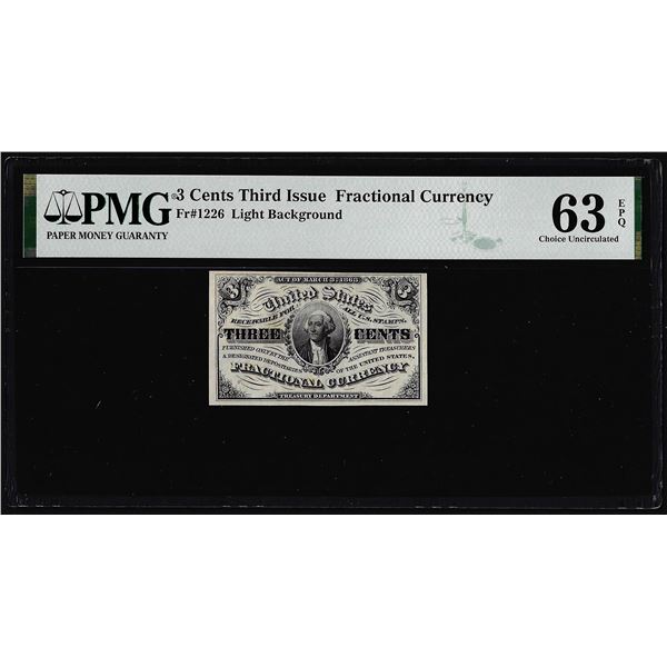1863 Third Issue Three Cents Fractional Note Fr.1226 PMG Choice Uncirculated 63EPQ