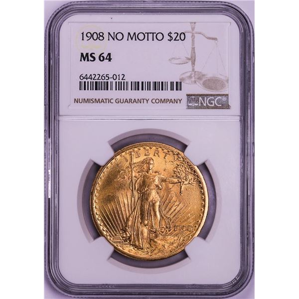 1908 No Motto $20 St. Gaudens Double Eagle Gold Coin NGC MS64