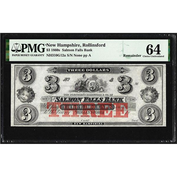 1860's $3 Salmon Falls Bank Rollinsford, NH Obsolete Note PMG Choice Uncirculated 64