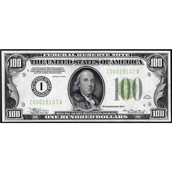 1934 $100 Federal Reserve Note Minneapolis Light Green Seal