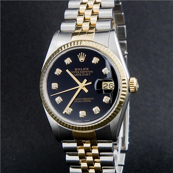Rolex Men's Two Tone Black Diamond Oyster Perpetual Datejust Wristwatch