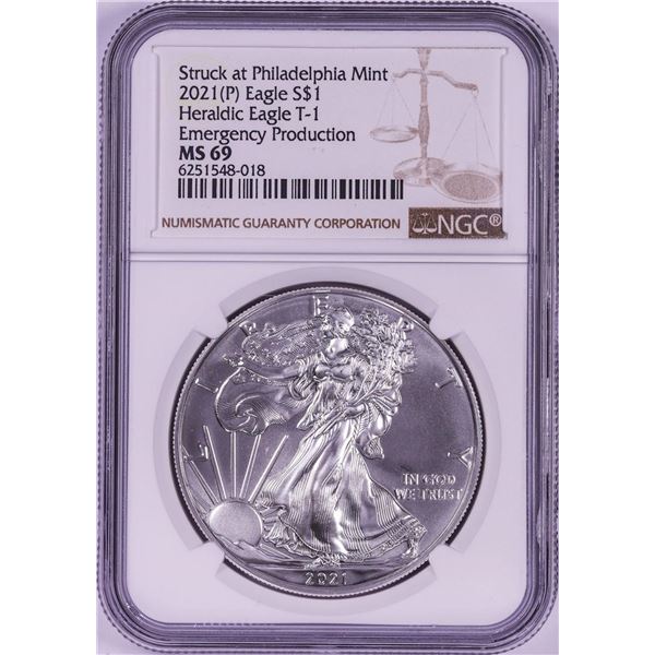 2021-(P) Type 1 $1 American Silver Eagle Coin NGC MS69 Emergency Issue