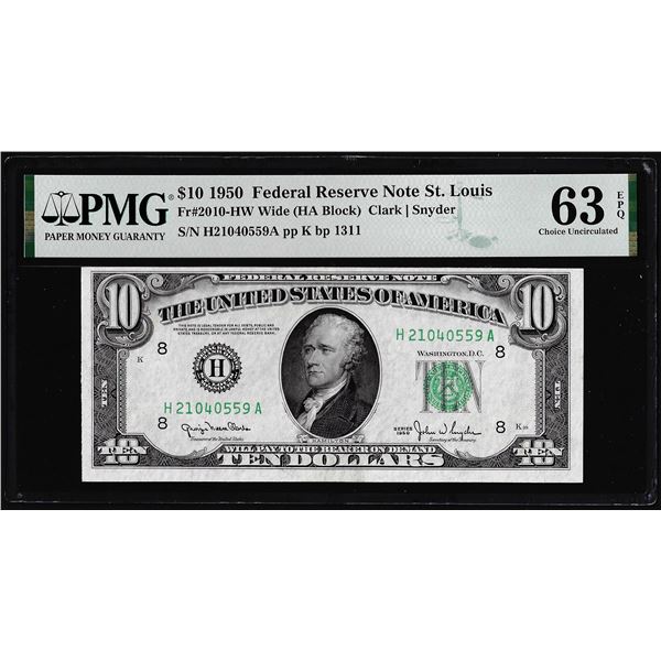 1950 $10 Federal Reserve Note St. Louis Fr.2010-HW Wide PMG Choice Uncirculated 63EPQ