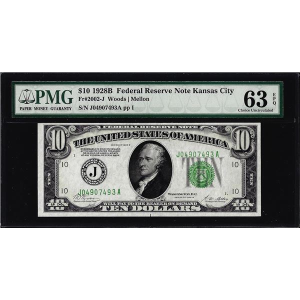1928B $10 Federal Reserve Note Kansas City Fr.2002-J PMG Choice Uncirculated 63EPQ