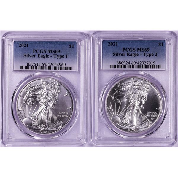 Lot of 2021 Type 1 & 2 $1 American Silver Eagle Coins PCGS MS69