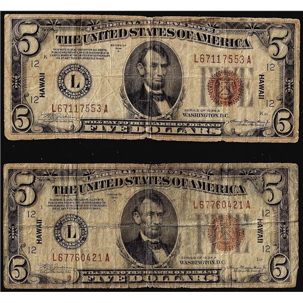 Lot of (2) 1934A $5 Hawaii WWII Emergency Issue Federal Reserve Notes