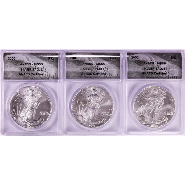Lot of 2000-2002 $1 American Silver Eagle Coins ANACS MS69