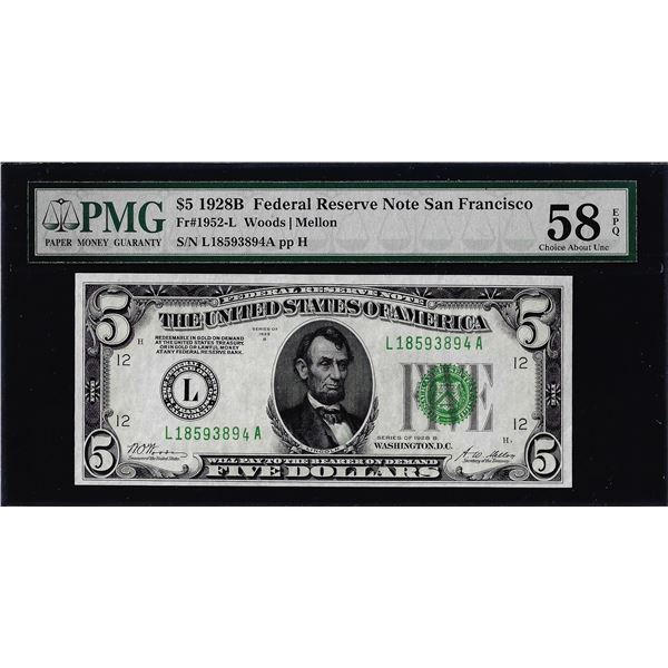 1928B $5 Federal Reserve Note San Francisco Fr.1952-L PMG Choice About Unc 58EPQ