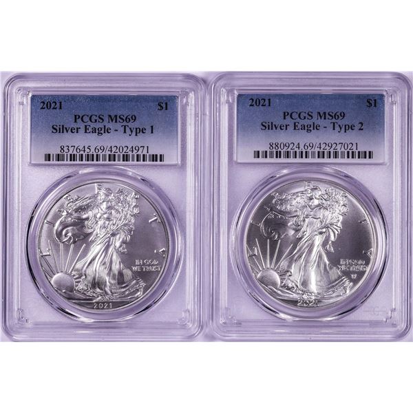 Lot of 2021 Type 1 & 2 $1 American Silver Eagle Coins PCGS MS69