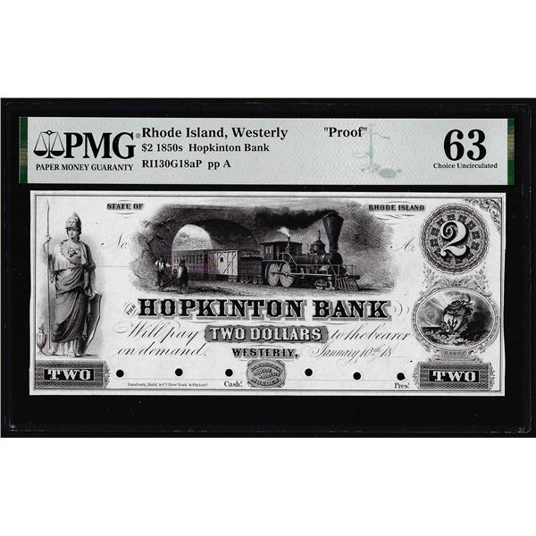 Proof 1800's $2 Hopkinton Bank Westerly, RI Obsolete Note PMG Choice Uncirculated 63