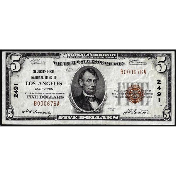 1929 $5 Security-First NB of Los Angeles, CA CH#2491 National Currency Note