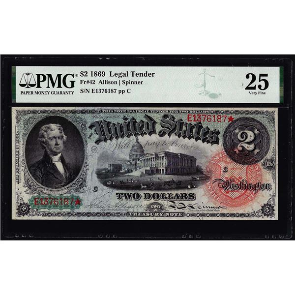 1869 $2 Rainbow Legal Tender Note Fr.42 PMG Very Fine 25
